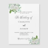 白い結婚花模様は緑豊かエレガントな贅沢 マグネット招待状 (正面)