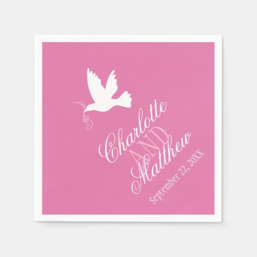 白い結婚鳩のリボンピンクのナカスタムプキン スタンダードカクテルナプキン (正面)
