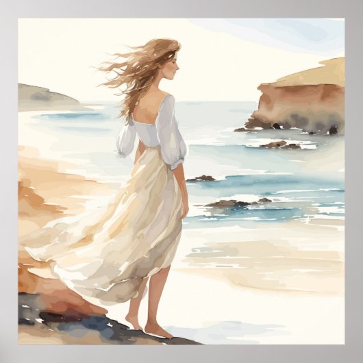 白い絵画ドレスを着た女性のプリント ポスター (正面)