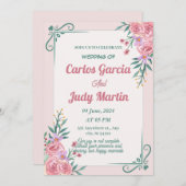 白い緑とピンクの結婚水色 招待状 (正面/裏面)