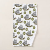 白い緑のオーナメントを持つ灰色の猫 バスタオルセット (ハンドタオル)