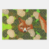 白い緑のキツネと葉離れの間の赤い ラッピングペーパーシート (正面2)