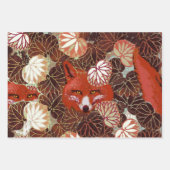 白い緑のキツネと葉離れの間の赤い ラッピングペーパーシート (正面)