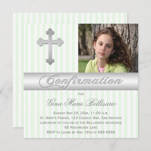 白い緑のストライプの確認の写真の招待状 招待状 (正面/裏面)