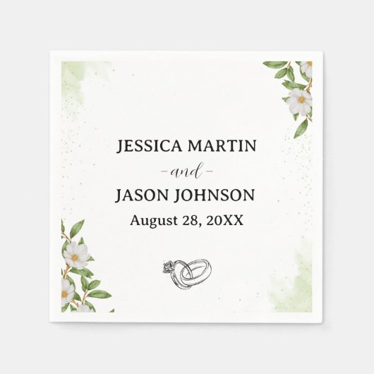 白い緑のフローラ水結婚色 スタンダードカクテルナプキン (正面)