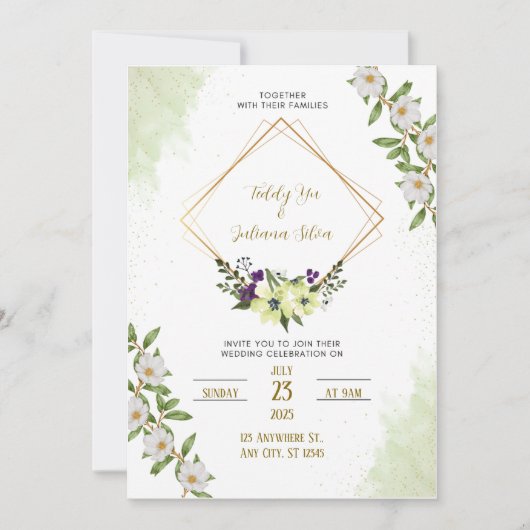 白い緑のフローラ水結婚色 招待状 (正面)