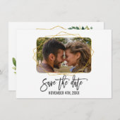 白い緑のフローラ金ゴールドフレーム写真の日付の保存 セーブザデート (正面/裏面)