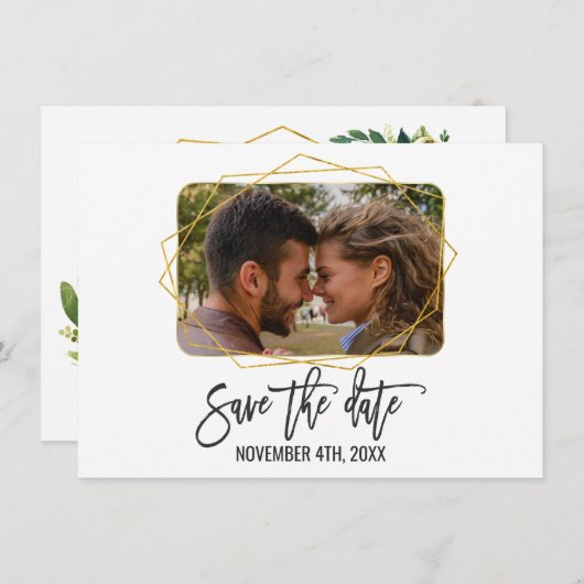 白い緑のフローラ金ゴールドフレーム写真の日付の保存 セーブザデート (正面/裏面)