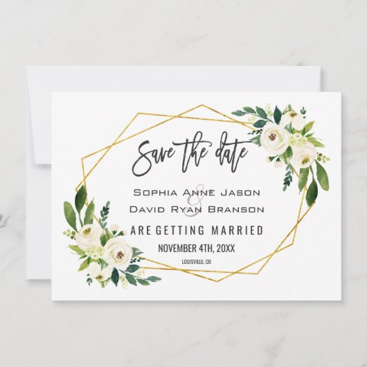 白い緑のフローラ金ゴールドフレーム写真の日付の保存 セーブザデート (裏面)