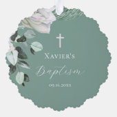 白い緑のブーケバプテスマ オーナメントカード (裏面)