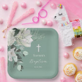 白い緑のブーケバプテスマ ペーパープレート (パーティー)