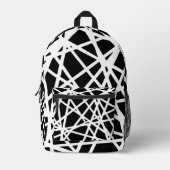 白い線と不規則な黒い形の抽象画 プリントバックパック (正面)