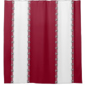 白い縦のストライプ、バーガンディに縫い付け シャワーカーテン (正面)