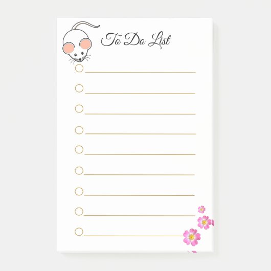 白い罫線の上のかわいい白いネズミとピンクの花 ポストイット (正面)