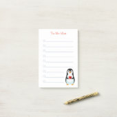 白い罫線の付いたポストイットメモにペンギンとカリグラフィー ポストイット (デスク上)
