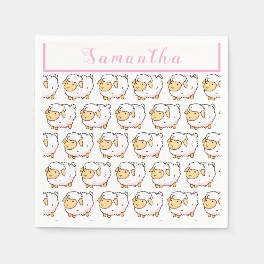 白い羊かわいいパーソナライズされた灯 スタンダードカクテルナプキン (正面)