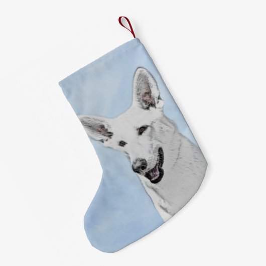 白い羊飼絵画いのかわいいオリジナルの犬芸術 スモールクリスマスストッキング (裏面 (吊り時))