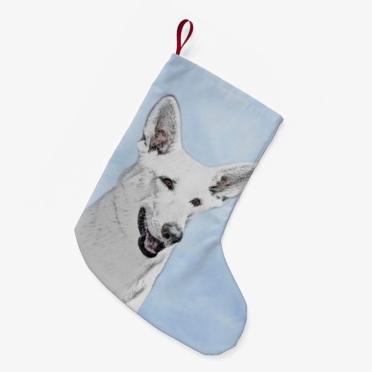 白い羊飼絵画いのかわいいオリジナルの犬芸術 スモールクリスマスストッキング (正面 (吊り時))