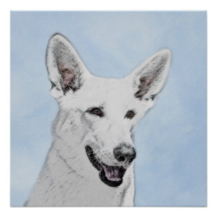 白い羊飼絵画いのかわいいオリジナルの犬芸術 ポスター