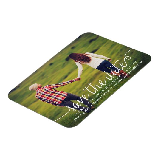 白い美しい書道の写真日付を保存 マグネット (左側)