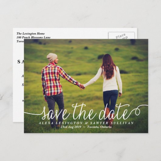 白い美しい書道の写真日付を保存 案内ポストカード (正面/裏面)