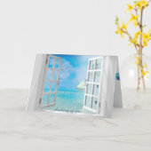 白い考える灯台のある窓 カード (黄色い花)