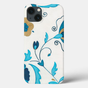 白い背景が付いている金めっきされたインディゴの花 iPhone 13ケース