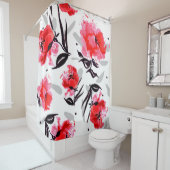 白い背景にグレーのポピーがストライプある。 シャワーカーテン (インサイチュ)