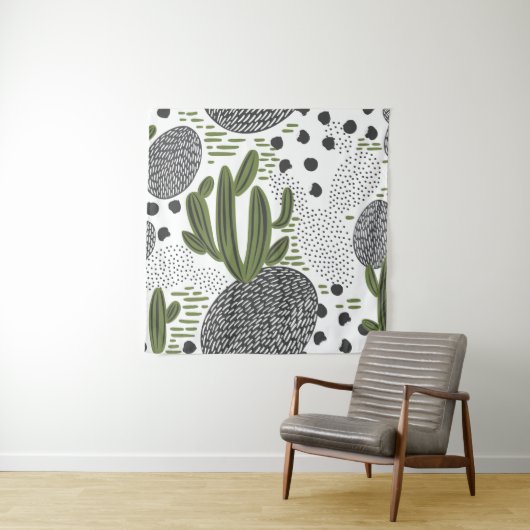 白い背景にサボテンが付いたシームレスパターン。 タペストリー (インサイチュ)