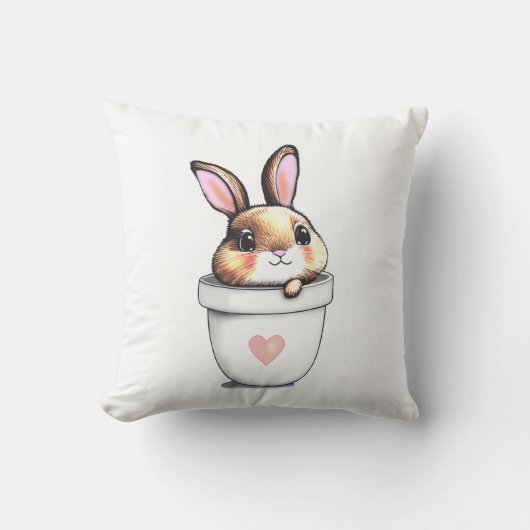 白い背景にハートが描かれたかわいいウサギの植木鉢 クッション (正面)