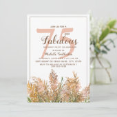 白い背景にパンパスグラスと75 Fabulous 招待状 (スタンド正面)
