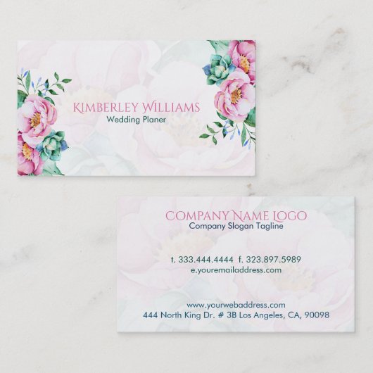 白い背景にピンクのバラの花束 名刺 (正面/裏面)