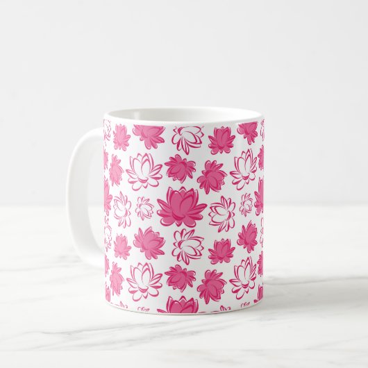 白い背景にピンクの蓮の花の模様 コーヒーマグカップ (正面左)