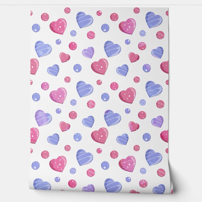 白い背景にピンクの青いハート。 壁紙 (ほどく)