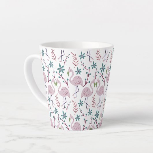 白い背景にピンクフラミンゴのシームレスパターン カフェラテマグ (左アングル)