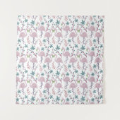 白い背景にピンクフラミンゴのシームレスパターン タペストリー (正面)