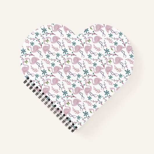 白い背景にピンクフラミンゴのシームレスパターン ノートブック (正面)