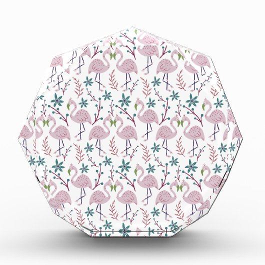 白い背景にピンクフラミンゴのシームレスパターン フォトブロック (正面)