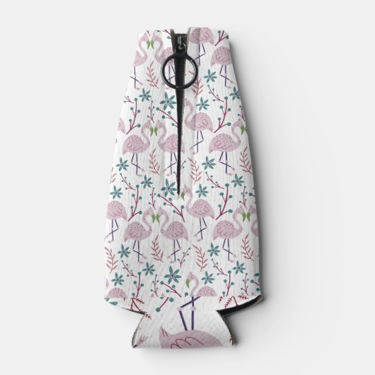 白い背景にピンクフラミンゴのシームレスパターン ボトルクーラー (裏面)