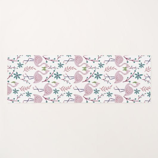 白い背景にピンクフラミンゴのシームレスパターン ヨガマット (正面(横))