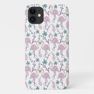 白い背景にピンクフラミンゴのシームレスパターン iPhone 11 ケース