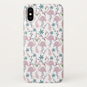 白い背景にピンクフラミンゴのシームレスパターン iPhone X ケース