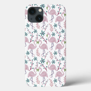 白い背景にピンクフラミンゴのシームレスパターン iPhone 13ケース