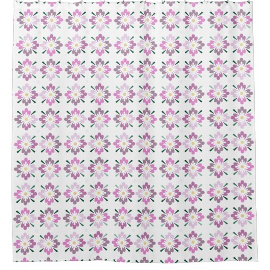 白い背景にピンク色と白い花の模様 シャワーカーテン (正面)