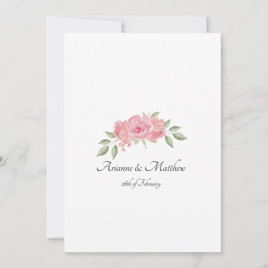 白い背景にフローラ、緑とピンクのインベント 招待状 (裏面)