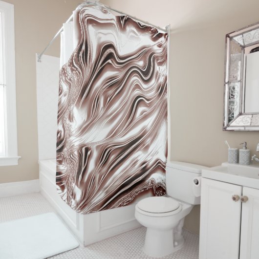 白い背景に光沢のある茶色の長い波状のトレース シャワーカーテン (インサイチュ)