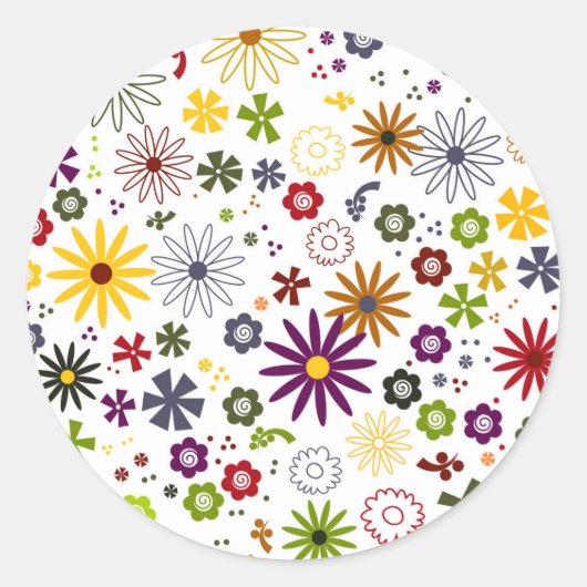白い背景に可愛いカラフルの花柄 ラウンドシール (正面)