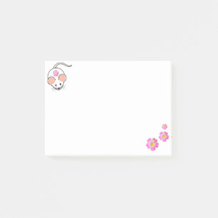 白い背景に可愛い白いネズミとピンクの花 ポストイット
