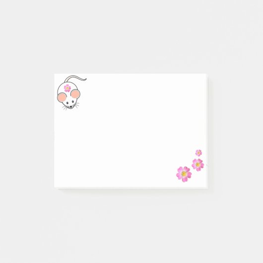 白い背景に可愛い白いネズミとピンクの花 ポストイット (正面)