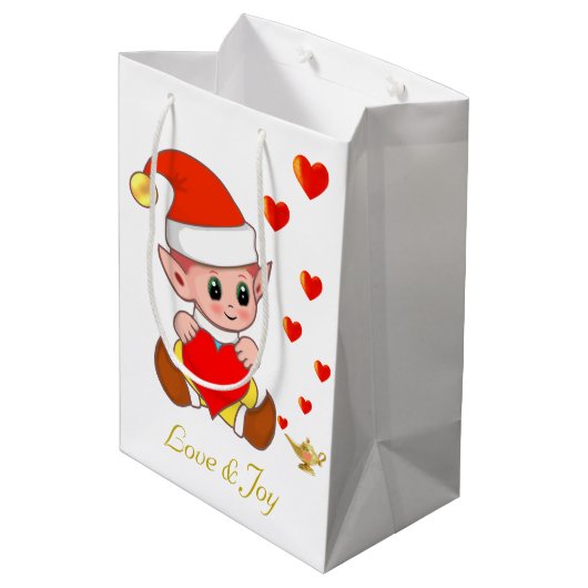 白い背景に愛のハートを持つ可愛い小妖精や小人 ミディアムペーパーバッグ (裏面アングル)